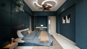 Dark teal bedroom design featuring a unique false ceiling setup, perfect for a ceiling fan installation guide.